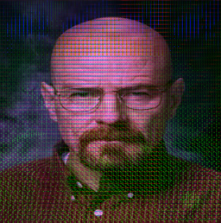 A horribly-filtered image of Walter White from Breaking Bad.